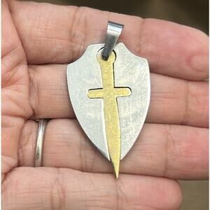 Gold Silver Two-Tone Shield of Faith & Cross Stainless Unisex Necklace Pendant